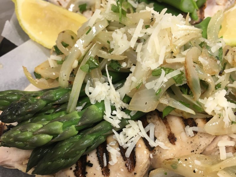 Char grilled Chicken topped with Asparagus and fresh Parmesan